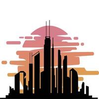 A city skyline with buildings and a sunset in the background vector