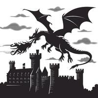 A black and white illustration of a dragon flying over a castle vector