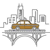 A taxi cab driving over a bridge with a city in the background vector