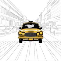 A drawing of a taxi cab on the street vector