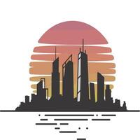 A city skyline with the sun setting behind it vector