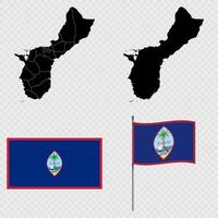 Set of maps, flag and flagpole of Guam. illustration. vector