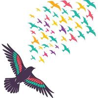 A colorful bird flying in the air with many birds flying around it vector