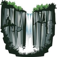 A waterfall with a green forest and rocks vector