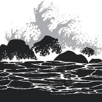 Silhouette of waves crashing on rocks vector