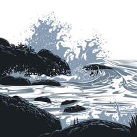 A black and white illustration of waves crashing on rocks vector