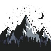 Mountains and trees with stars and moon in the night vector
