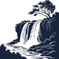 Silhouette of a waterfall cascading down cliffs. vector