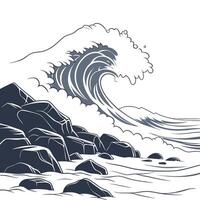 A drawing of a wave crashing on rocks vector