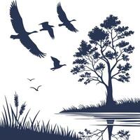 Birds flying over a tree and lake vector