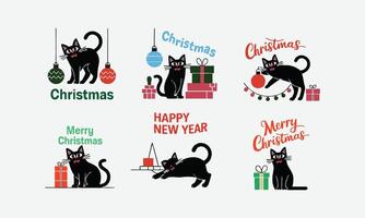Christmas-themed illustrations featuring a black cat vector