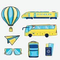 a set of stickers depicting a yellow bus, a balloon, a plane, and a passport vector