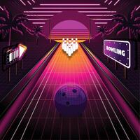 retro bowling alley with neon lights and palm trees vector