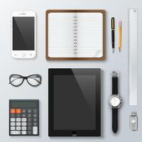 Workplace office and business work elements set. Mobile phone, calculator, notebook, pen, tablet, watches and other office things and equipment, finance and marketing objects, development tools. vector