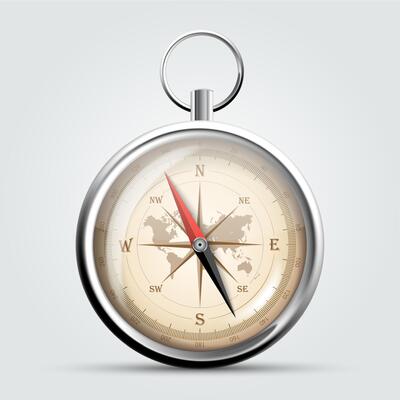 Steel compass with windrose and map. Illustration