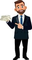 Smiling businessman holding and pointing at stack of money vector