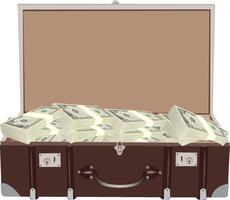 Brown suitcase overflowing with stacks of american one hundred dollar bills vector