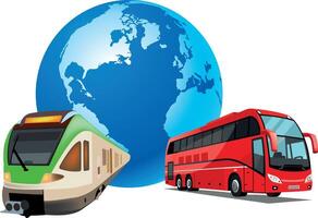 A bus and a train are next to a globe vector