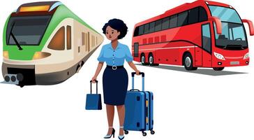 A woman with a suitcase and a red bus vector
