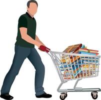 Man pushing a shopping cart with books vector