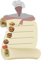 A chef holding a scroll with food on it vector