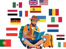 A man with a backpack and a book is sitting on the ground with flags vector