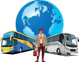 A man in a suit and tie is standing next to a bus and a yellow and blue bus vector