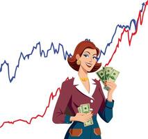 A woman holding money and a graph of a stock market vector