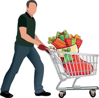 Man pushing a shopping cart with christmas gifts