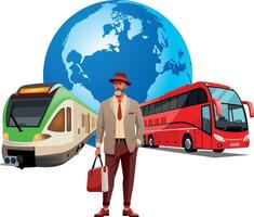 A man in a suit and tie is standing next to a bus and a train vector