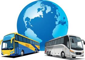 Two buses are shown in front of a globe vector