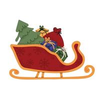 New Year sleigh with Christmas tree and presents. Cute Christmas attribute. Color flat illustration with white isolated background. vector