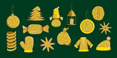 Set with elements of Christmas, New Year, winter tinsel in gold tones on a green background vector