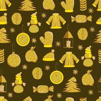 Seamless pattern with elements of Christmas, New Year, winter tinsel in gold tones on a brown background vector