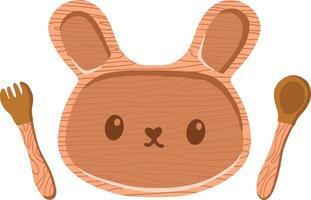 Kids tableware wooden plate with fork and spoon vector
