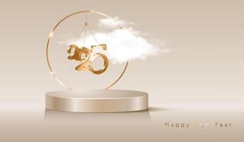 Happy New Year 2025, hanging gold 3D numbers and platform studio display minimal scene, golden round frame and fluffy cloud. Holiday Fashion luxury background vector