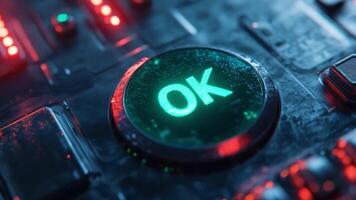 An illuminated green button marked OK shines vibrantly amidst a dark, intricate circuit board adorned with glowing red lights, highlighting advanced technological design. video