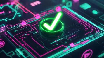 uma vívido néon verde marca de verificação carrinhos Fora proeminentemente contra a abstrato o circuito borda fundo preenchidas com vibrante padrões e digital elementos. a Projeto apresenta uma futurista tema. video