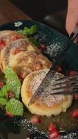 Nutritious breakfast cottage cheese pancake with berries and honey video
