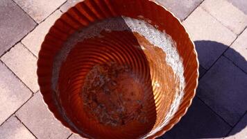 empty brown plastic pot stands on pavement casting shadow video