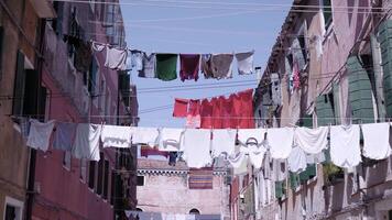 clean laundry hangs on ropes between red ancient buildings video