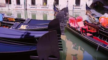 gondolas with chairs moored on water of channel in Venice video