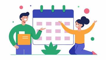 SelfCare Reminder A of a wellness calendar filled with selfcare activities while a coach shows a happy person how to incorporate techfree time into their schedule.. vector