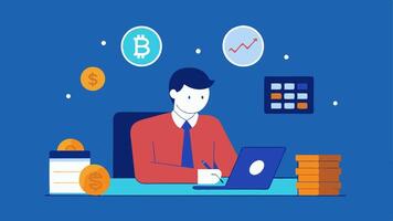 Profit Calculation A trader sitting at a desk calculating profits and losses on paper with a calculator and cryptocurrency symbols drawn around them.. vector