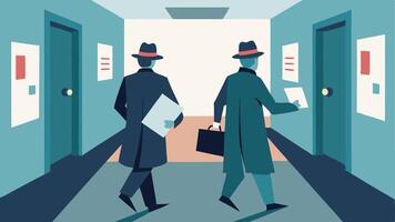 Walking and Talking Two detectives walking down a corridor with a clipboard animatedly discussing their theories as they pass by bulletin boards filled with case updates.. vector