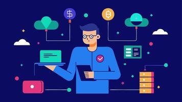 These illustrations can effectively convey the responsibilities and activities of a Blockchain Systems Administrator within various environments.. vector