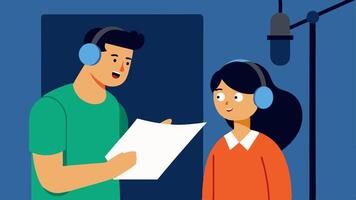 Recording Voiceovers A producer guiding a voice actor through a script in a recording booth shown with a microphone and sounddampening panels in the background.. vector