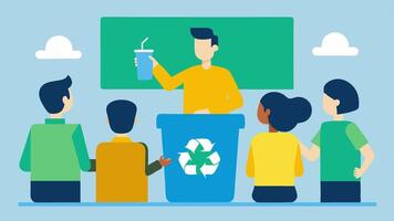 Recycling Workshop An illustration of a workshop setting where the consultant is teaching a group of employees how to properly recycle materials complete with visual aids.. vector