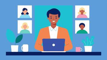 Virtual Class Session A professional sitting at a desk with a laptop open displaying a conference call with a diverse group of employees participating from their homes.. vector