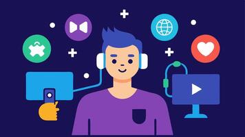 Social Media Sharing A gamer taking a selfie at their streaming setup with icons representing various social media platforms radiating outwards symbolizing sharing their. vector